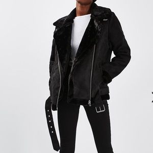 Topshop Faux Shearling Black Motorcycle Jacket
